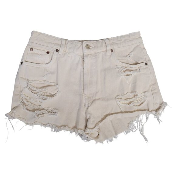 Zara Button Fly Off-White Cutoff Denim High Rise Shorts Distressed Womens 6 Jean - Picture 1 of 14